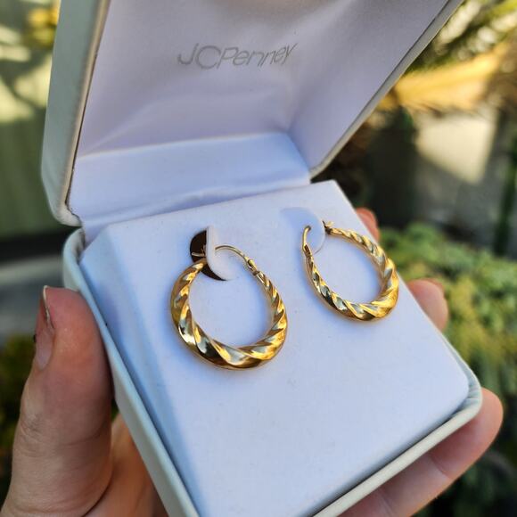 10k Yellow Gold Hoop Earrings Huggie Twisted Rope Puffy Minimalist Quiet Luxury - Picture 8 of 11